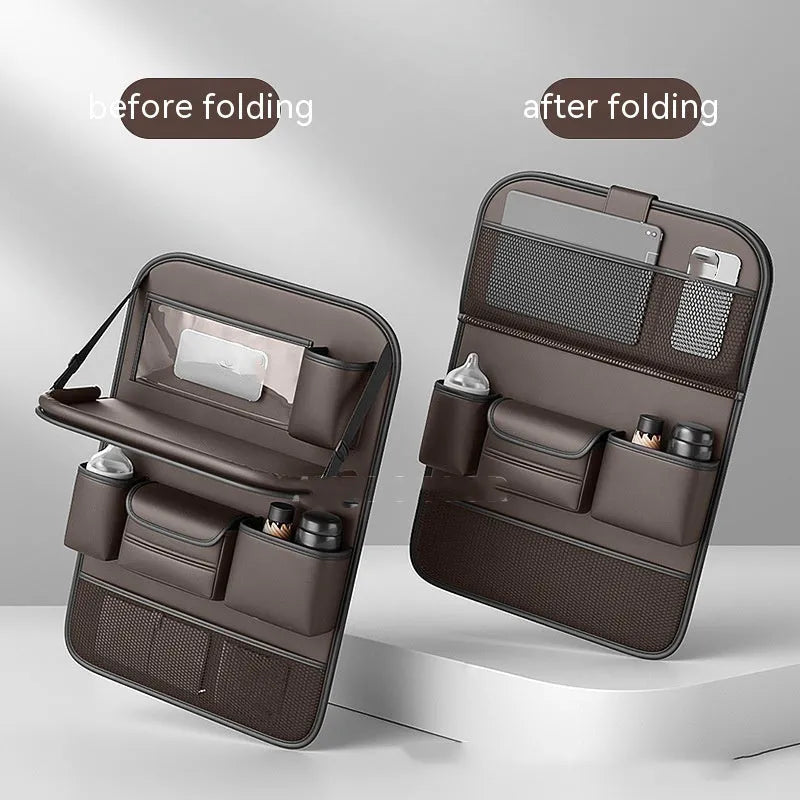 Car seat back storage bag with foldable dining table in waterproof leather construction