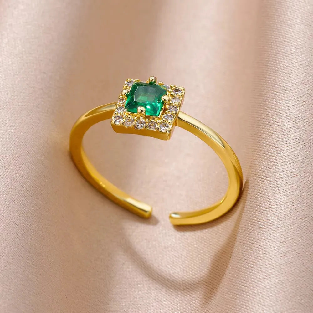 18K gold plated love emerald adjustable open mouth ring with synthetic zircon stone on copper base