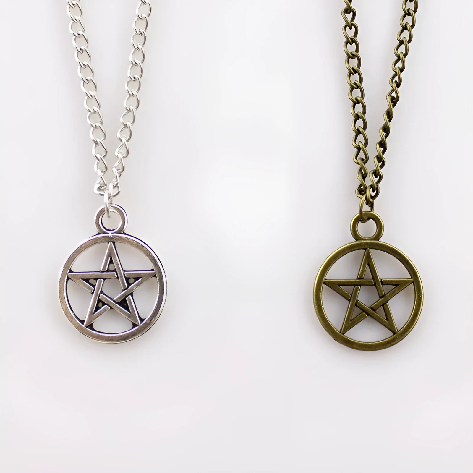 Vintage pentagram pendant necklace on alloy adjustable chain, bronze colour