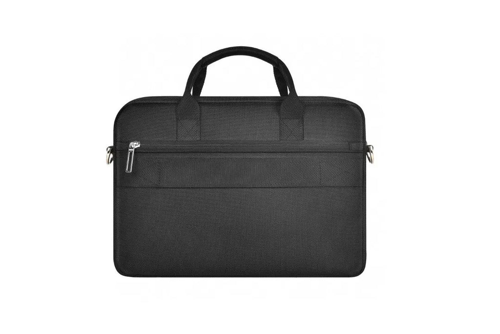 Black Oxford cloth laptop handbag with multiple compartments shown open, displaying organised storage for a 15.6-inch computer.