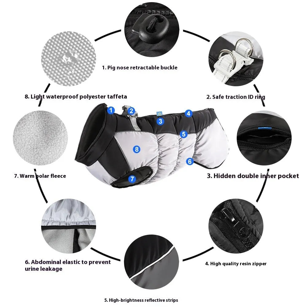Reflective waterproof dog coat in polar fleece for large dogs in sizes XL to 6XL