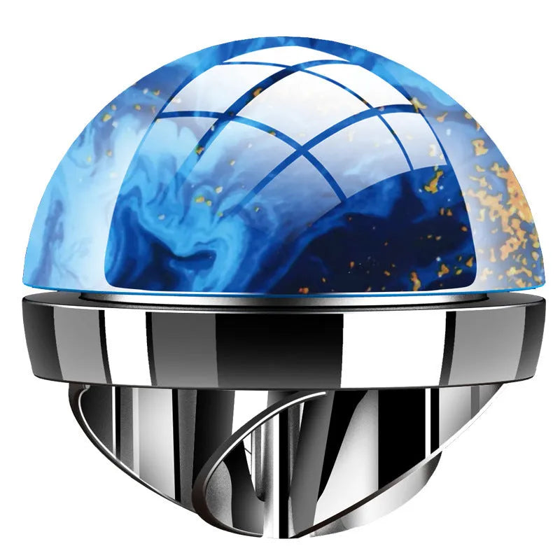 Planet-shaped car aromatherapy diffuser in gun black finish with ABS vacuum plating and two fragrance oil bottles
