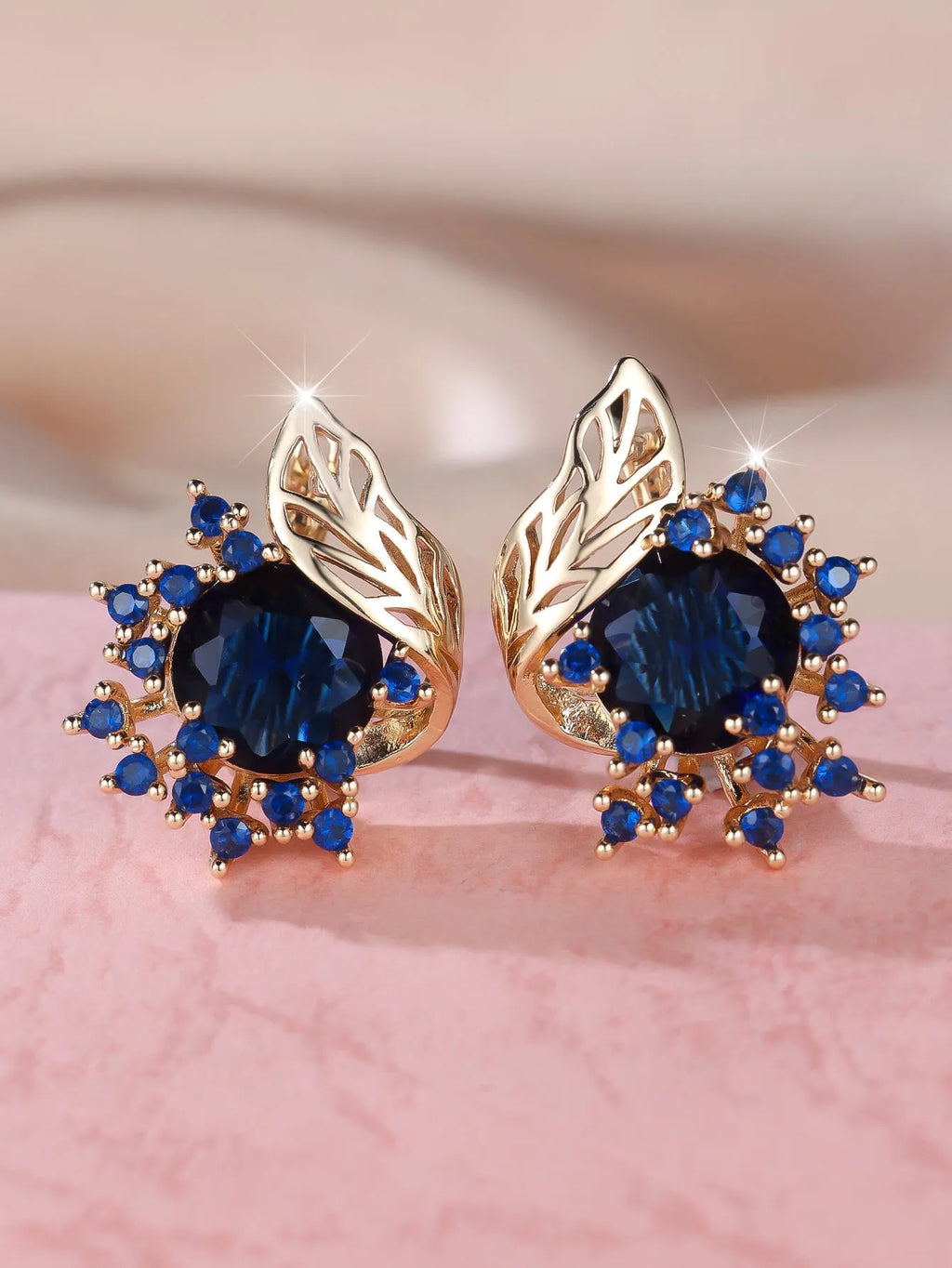 Round flower feather zircon earrings with champagne gold finish and coloured stone centre