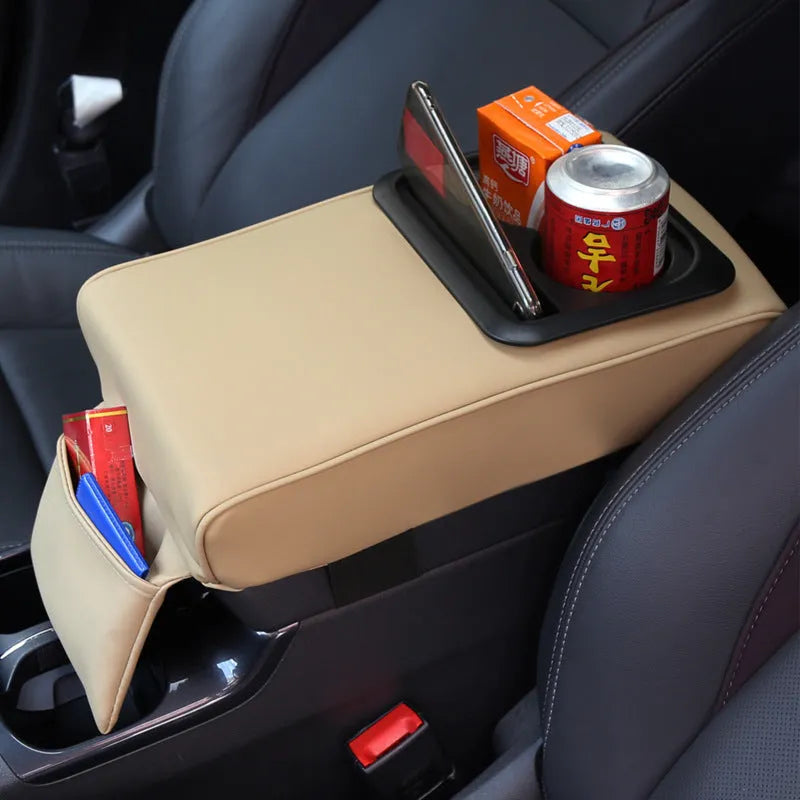 Beige leather car armrest box with cup holder and storage compartment, 35x20.5x7.5cm, universal fit