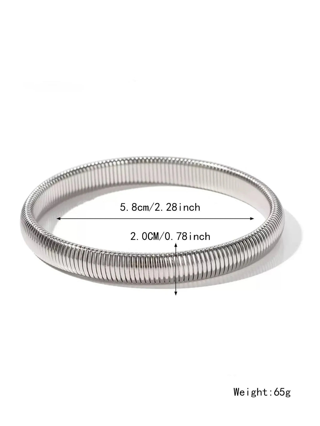 Women's titanium steel elastic bracelet with vertical stripe pattern in gold or silver, shown in various width sizes