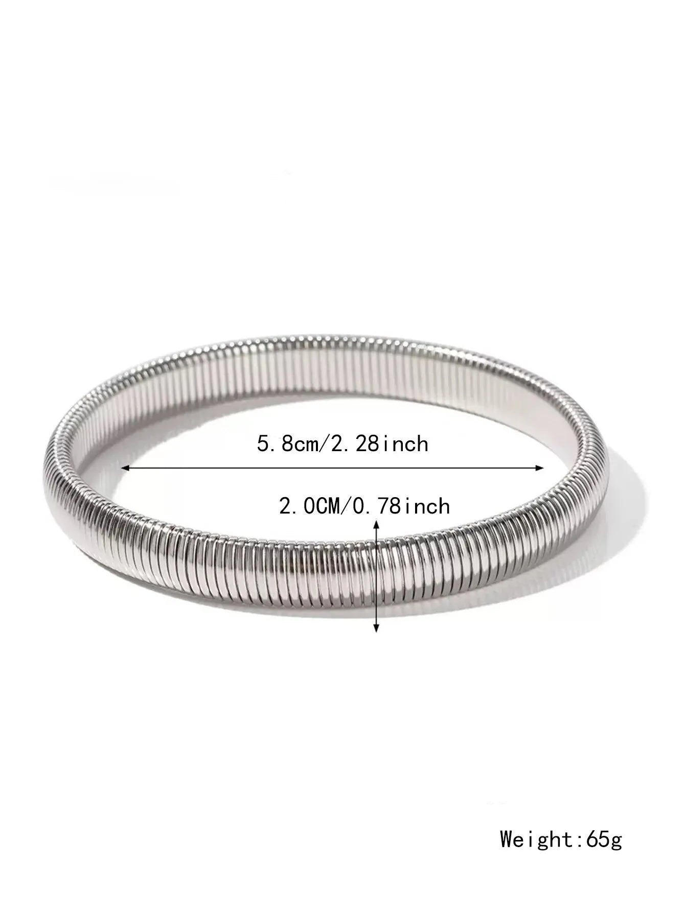 Women's titanium steel elastic bracelet with vertical stripe pattern in gold or silver, shown in various width sizes