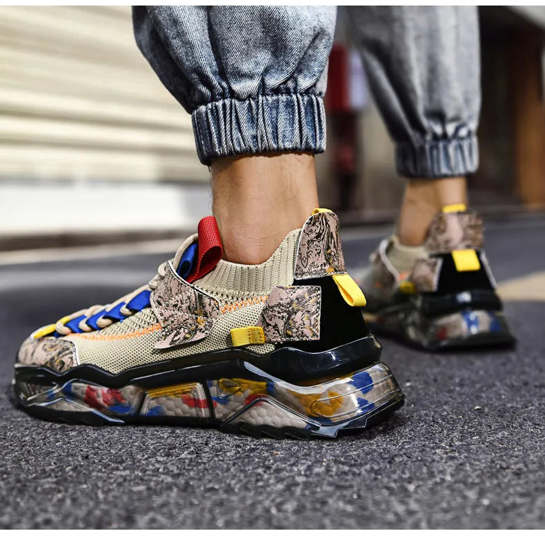 Breathable flying woven men's dad shoes fabric upper low heel beige black white casual sneakers