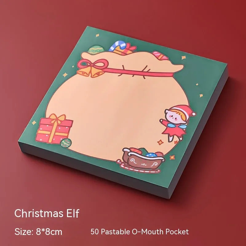 Christmas sticky notes set showing eight festive designs including Santa Claus, Snowman, Elf, and Christmas Bear patterns
