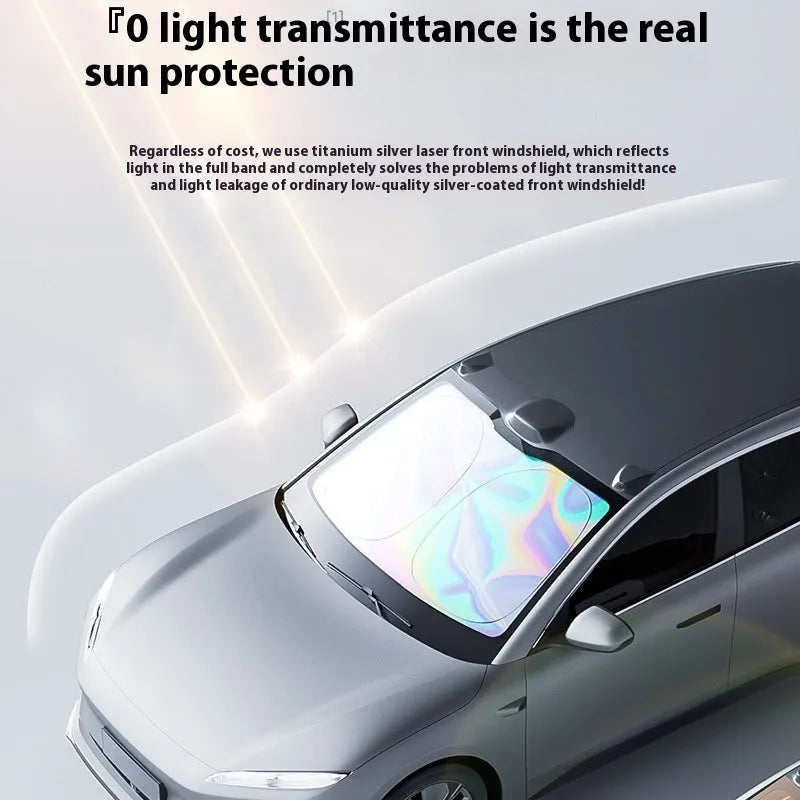 Laser titanium silver car sunshade for front windscreen, aluminium foil construction with storage bag