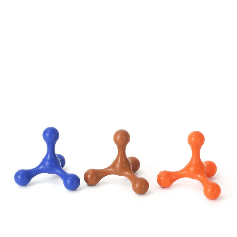Blue silicone three-legged puppy chew toy for teething relief and dental cleaning