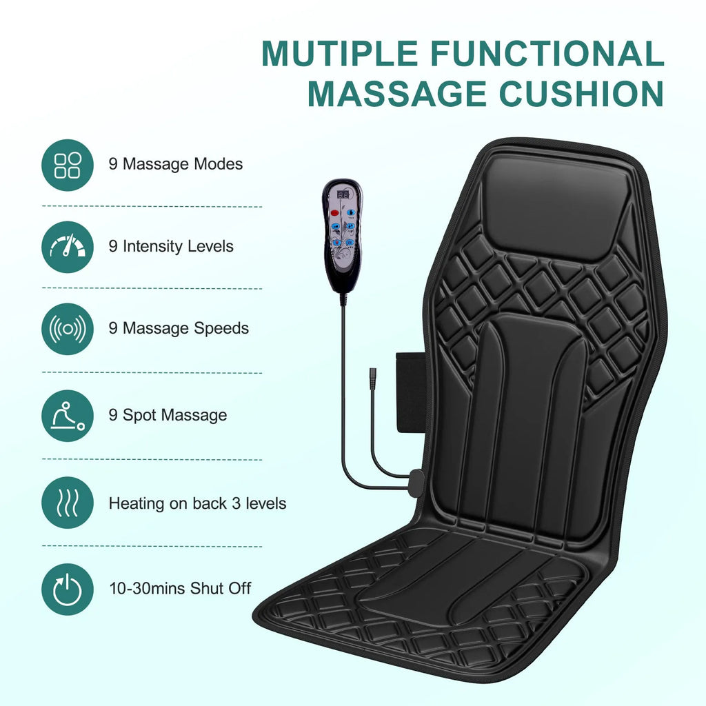9-speed massage cushion with timer and heat on a black office chair, showing remote control and PU leather surface