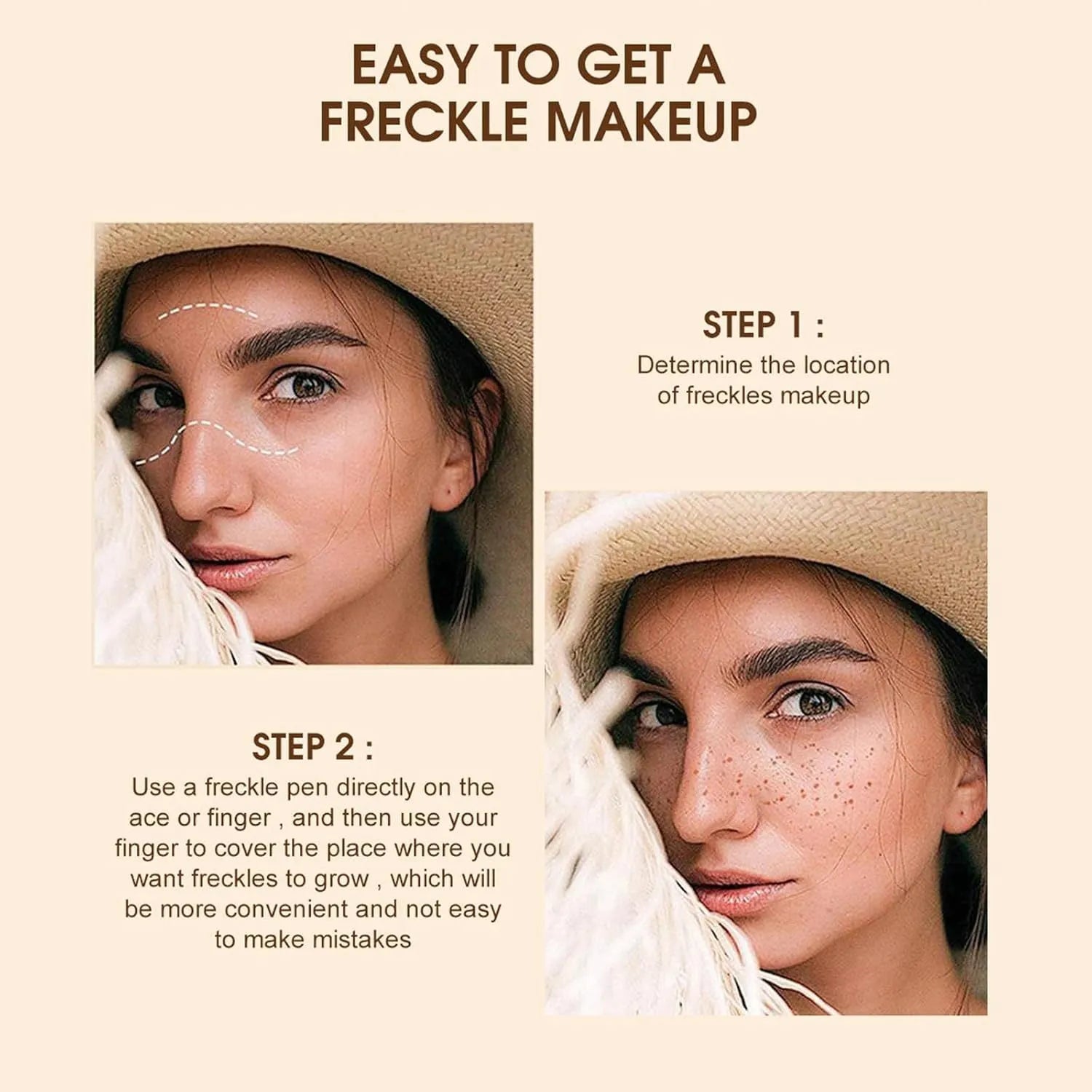 Dark brown freckle pen with precision tip for waterproof, natural-looking face and body makeup.