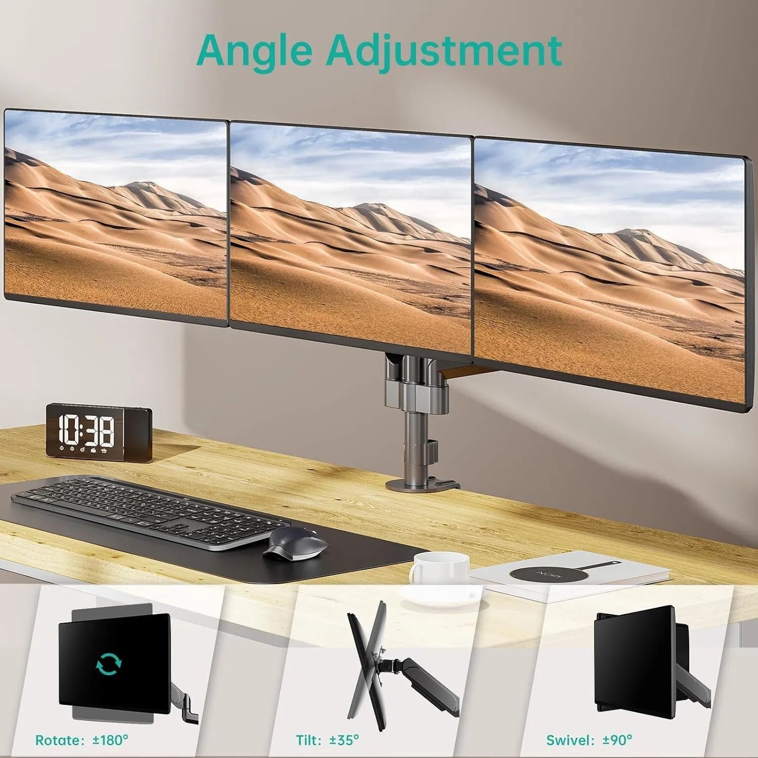 Black aluminium three-arm gas spring monitor mounting arm for 13-27 inch screens.
