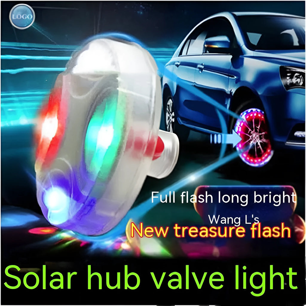 Solar LED car tyre valve light with 4.5 cm diameter and colour adjustable mode on a tyre valve