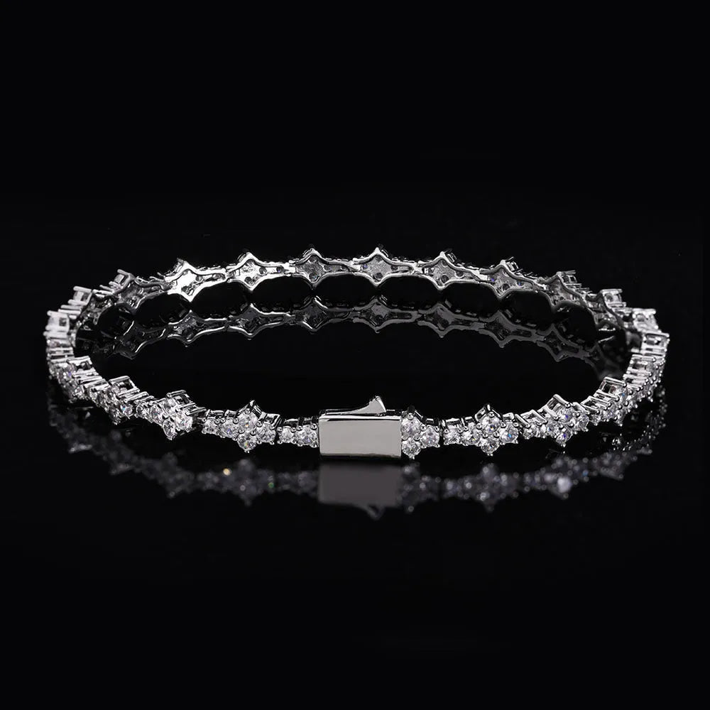 Copper spring fastener bracelet with inlaid zircon, gold finish, 6.5mm width, geometric chain design