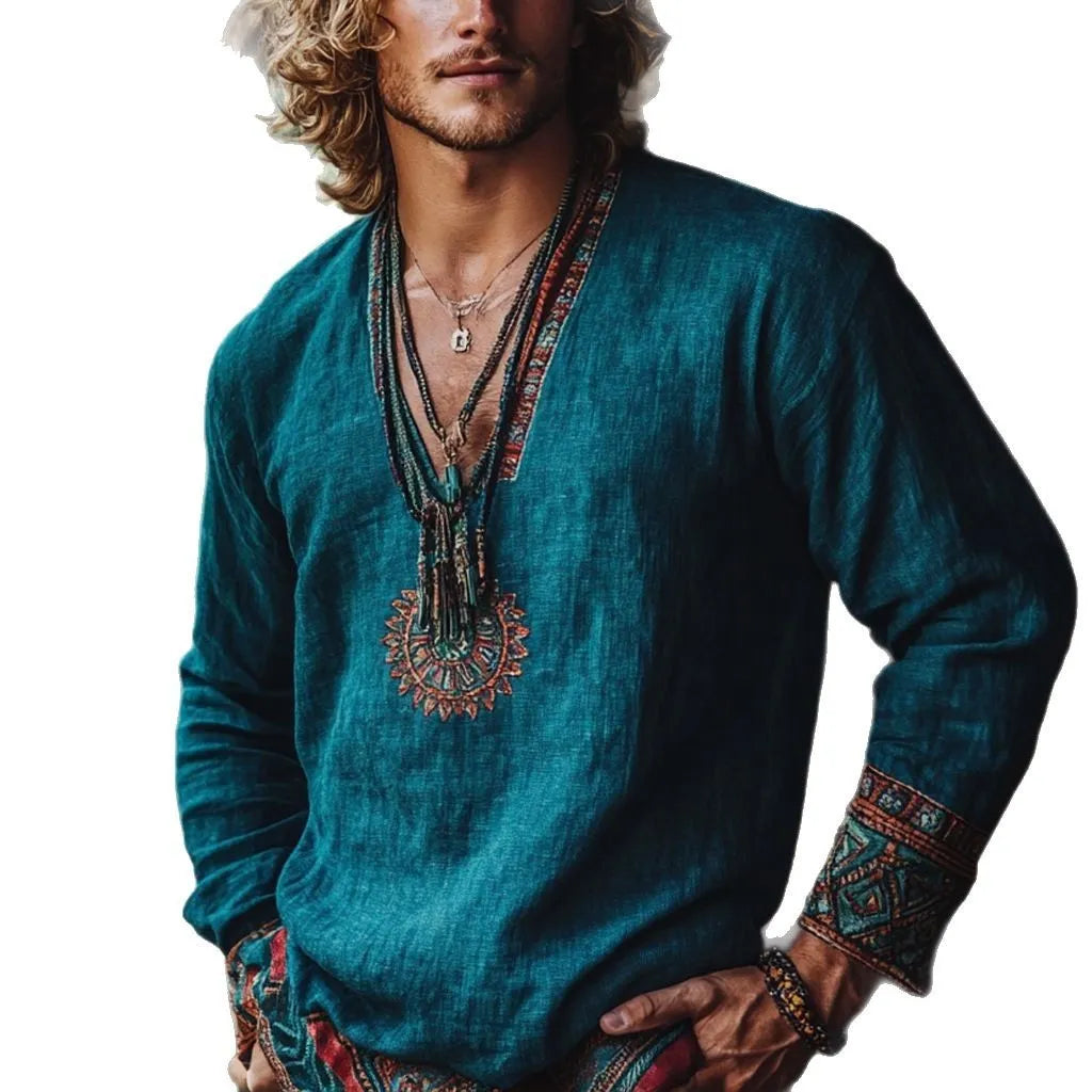 Boho style vintage printed long sleeve pullover top in picture colour