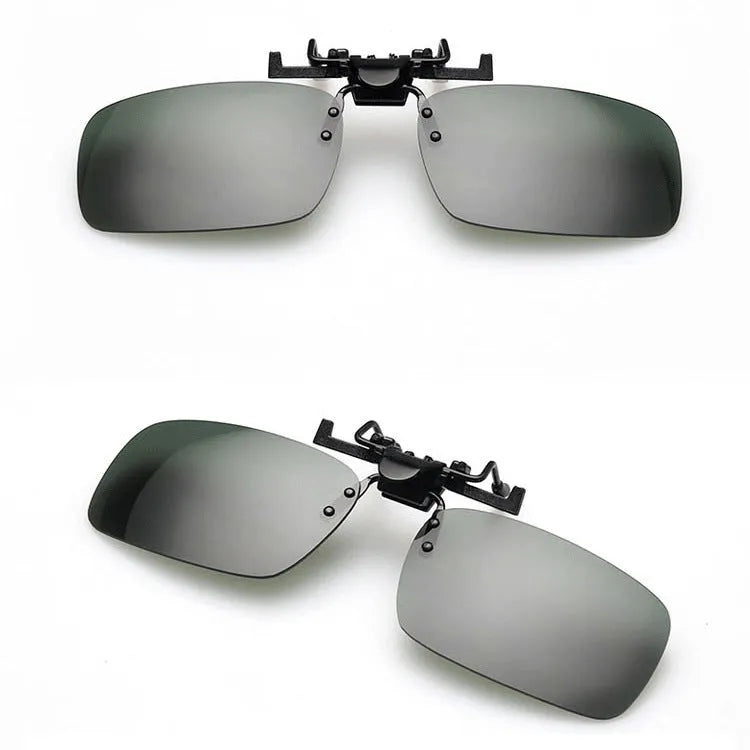 PC plastic clip-on sunglasses designed to fit over prescription glasses for driving and outdoor use.