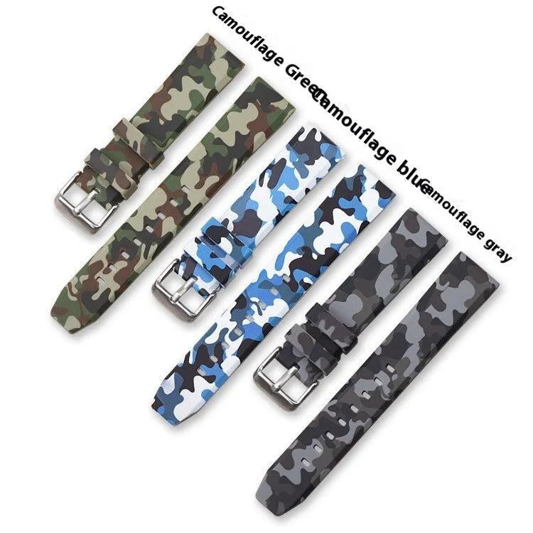Green camouflage silicone watch strap showing flat head design and buckle.