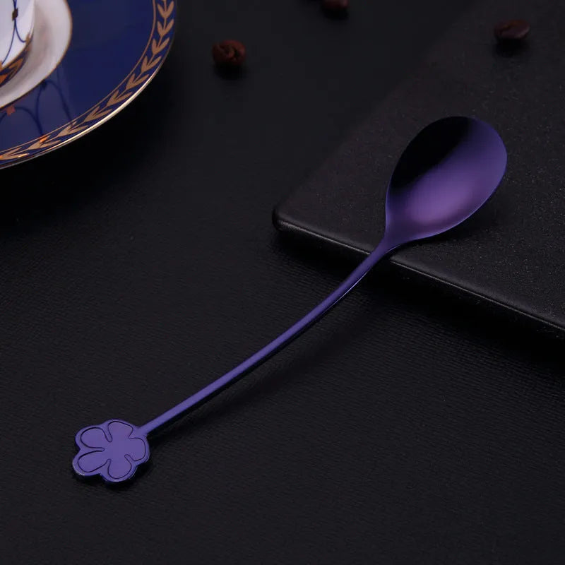 Gold plated 304 stainless steel dessert spoon with engraved flower pattern in multiple colours