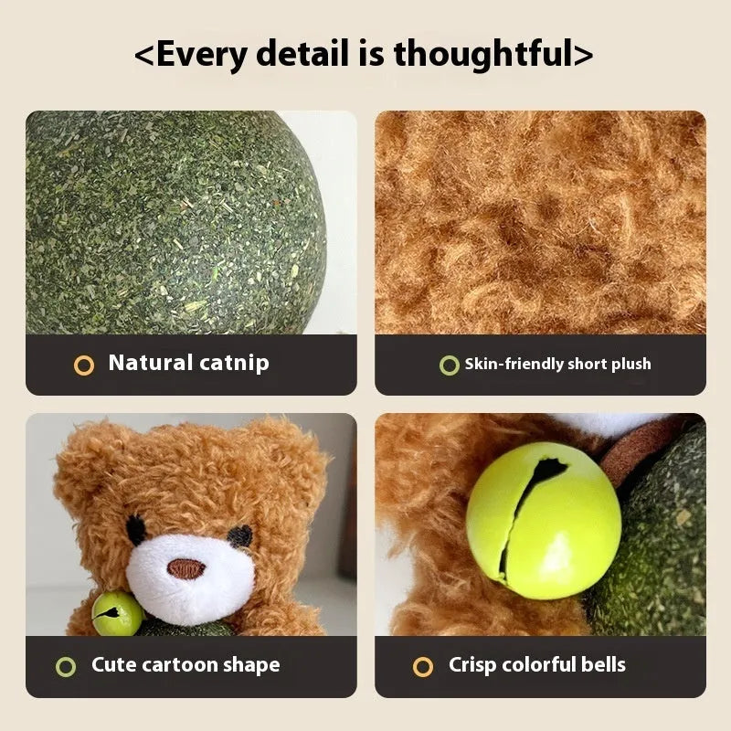 Brown bear plush cat toy with a catnip ball and bell inside on a white background.