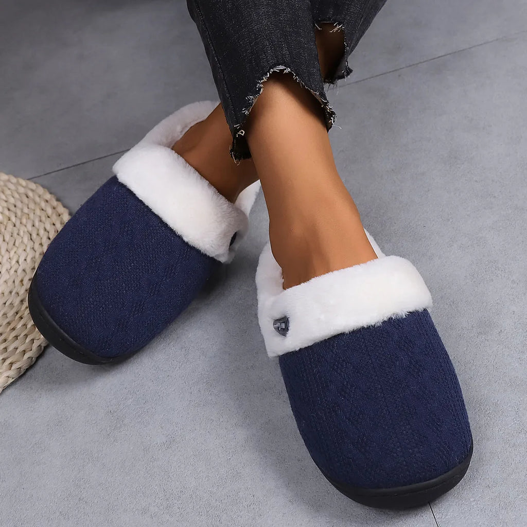 Winter cotton slippers with non-slip rubber sole, round toe, flat heel, in navy blue colour