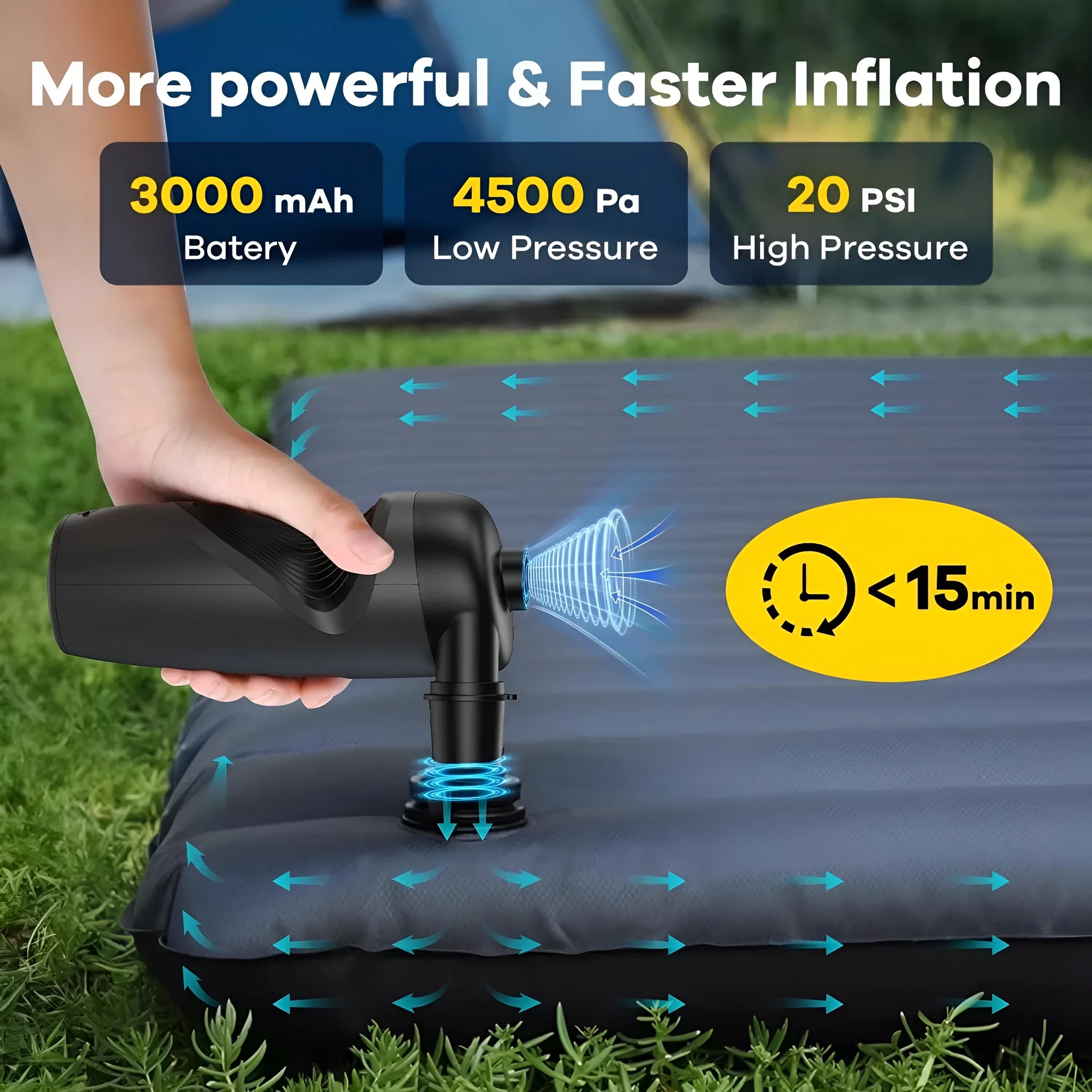 Black cordless portable inflator with ABS body, lighting, and warning lights for home and outdoor use