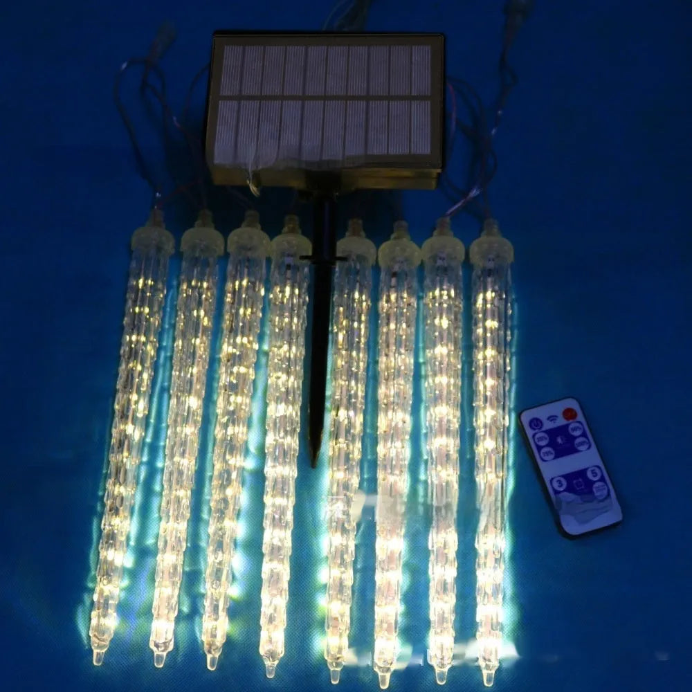 Solar powered LED ice cone shaped meteor shower Christmas festoon lamp with plastic construction