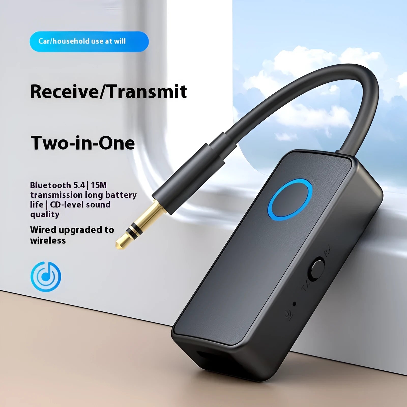 Black Bluetooth 5.4 audio adapter with a 3.5mm plug for wireless music streaming and calls.