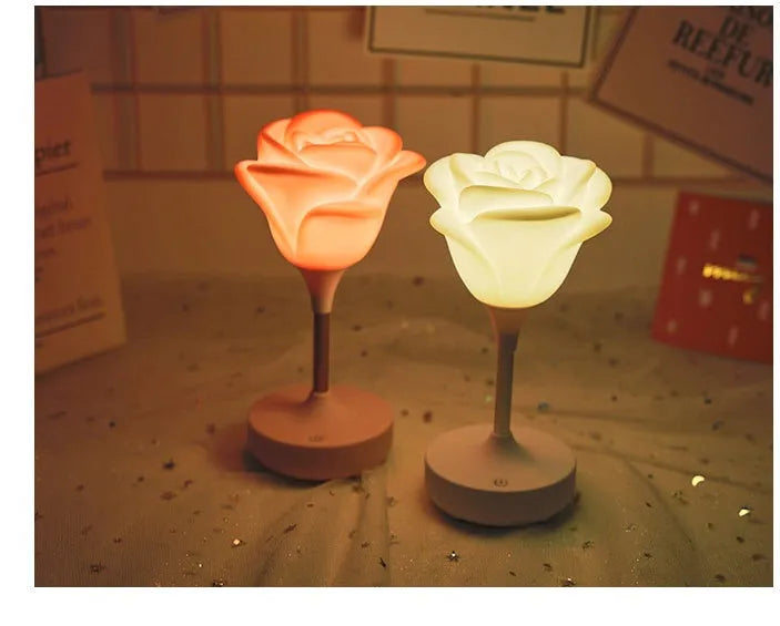 Touch rose USB night light in silicone and ABS, pink colour, showing three brightness level buttons on base