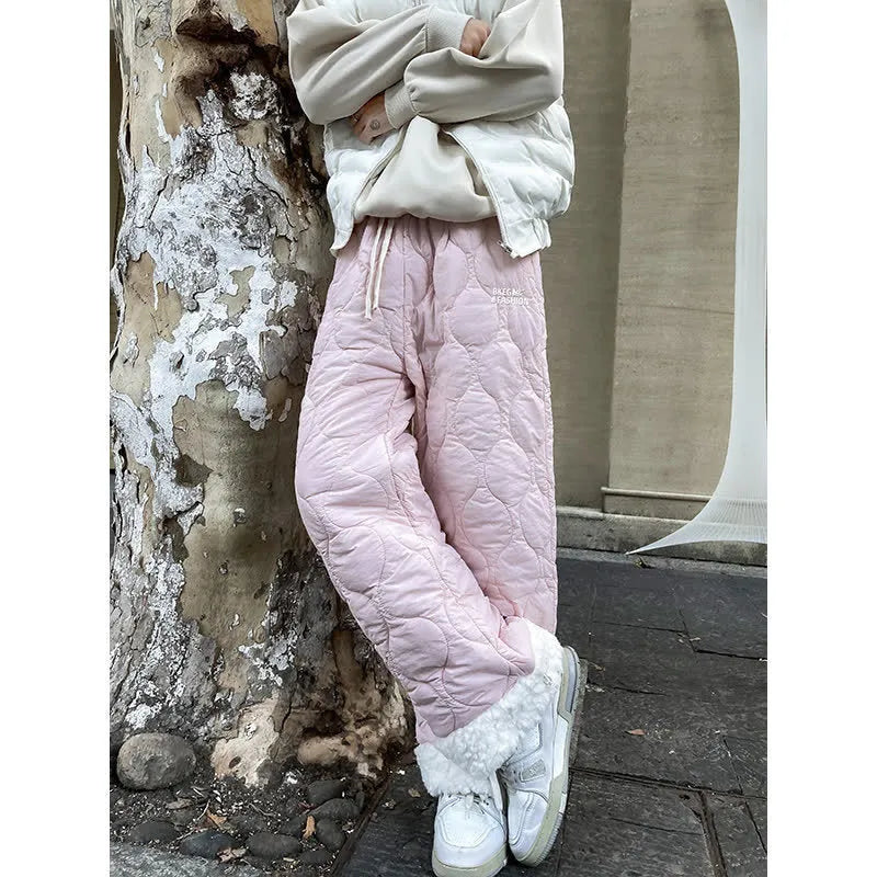 Winter cotton-padded waterproof patchwork lambskin cotton pants in black, side view