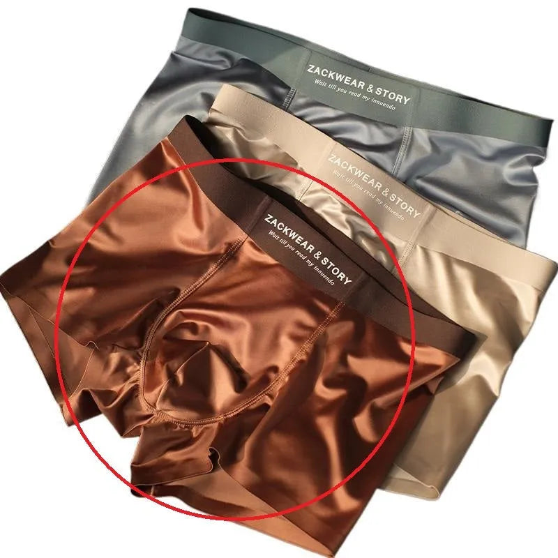 Satin light luxury men's ice silk underwear in brown, cotton boxer briefs, mid-waist, size L to 4XL