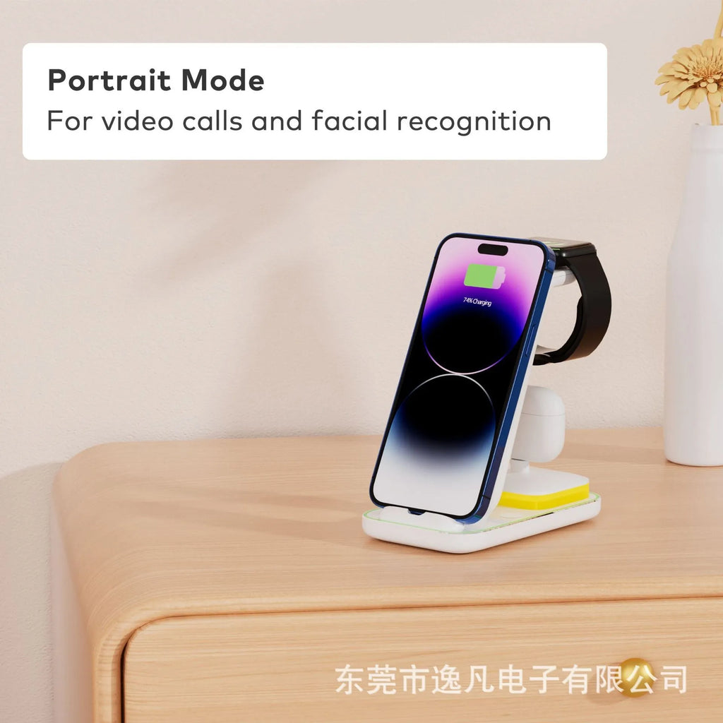 Black vertical wireless charger with mobile phone, smartwatch and headphones charging simultaneously