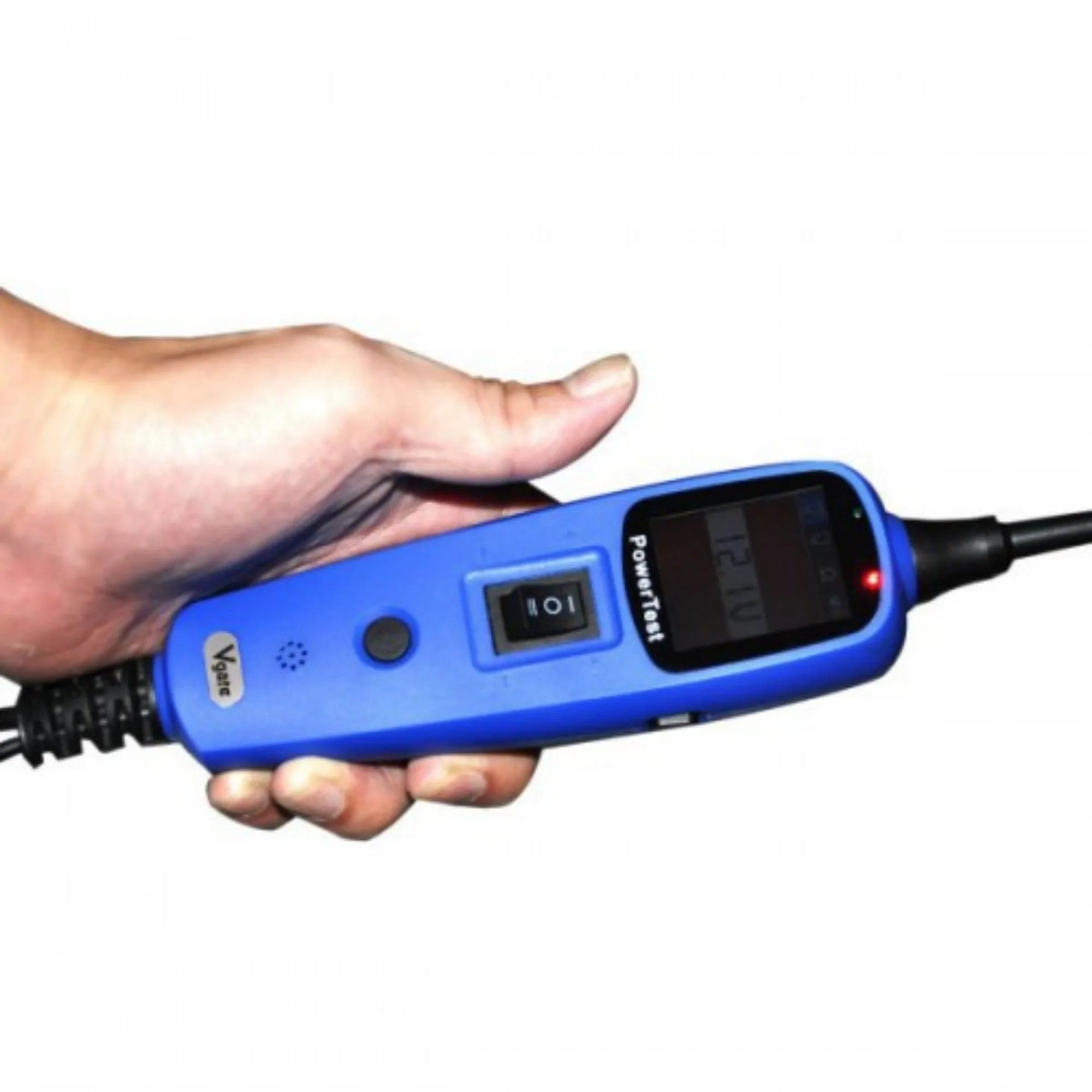 Blue automotive power circuit test pen with colour display, extension cable, and accessories in a blow moulded case.