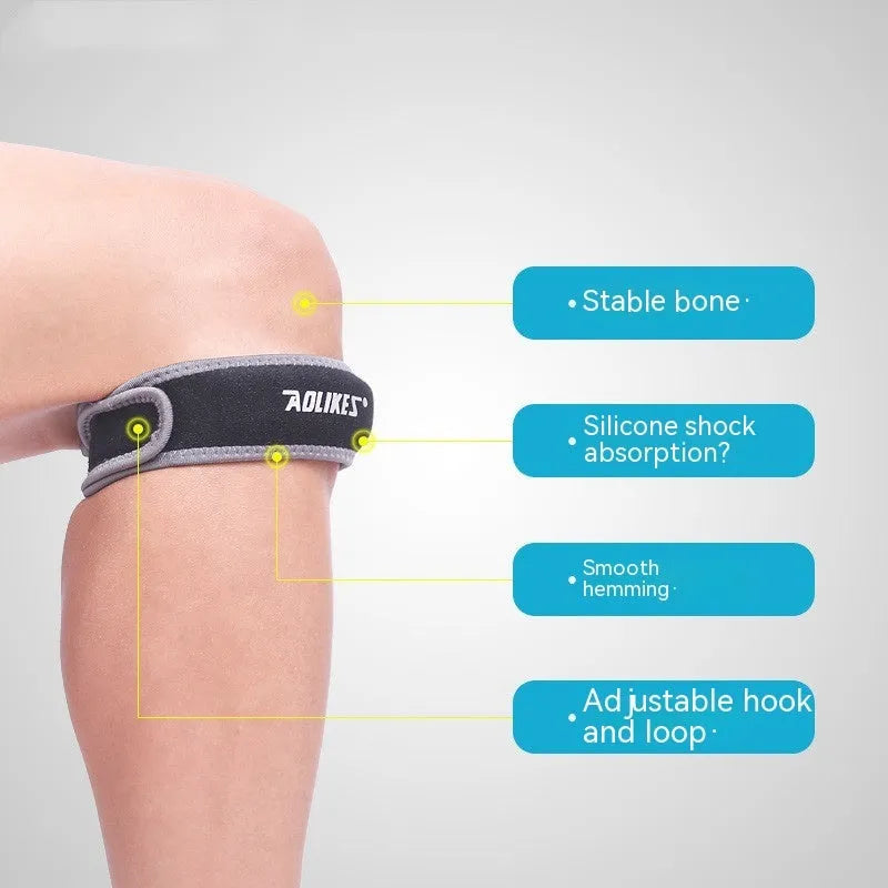 Black and grey patella retinaculum knee support for running and sports.