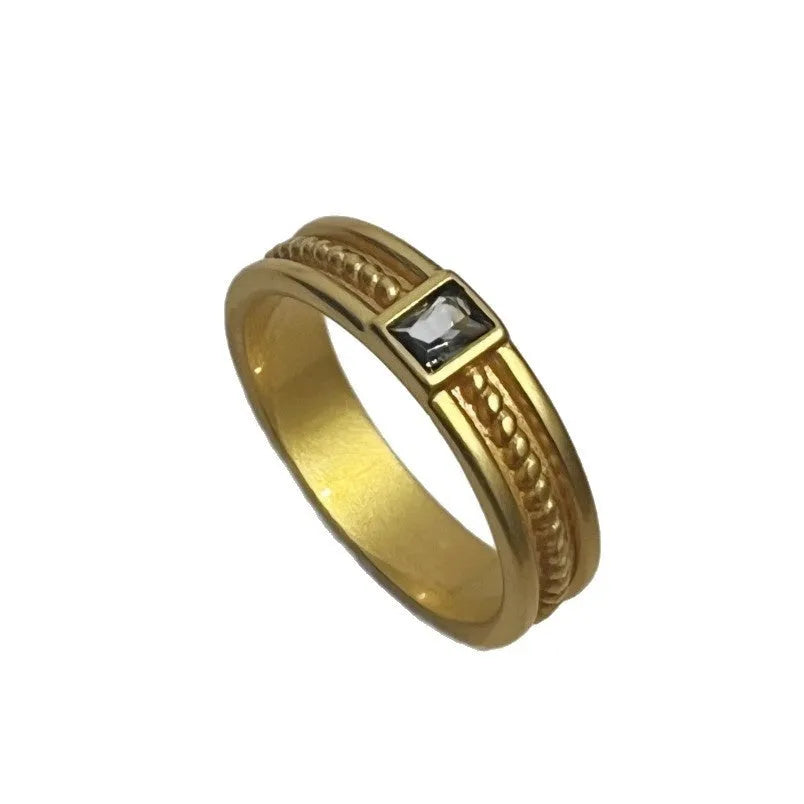 Square sapphire ring with inlaid gem in frosted gold finish copper band, wide version, size 6 to 8