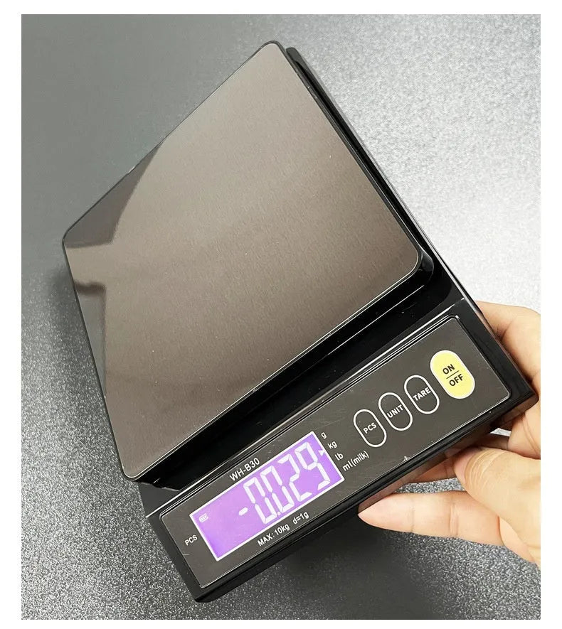 High-precision business electronic scale with rechargeable battery, 10kg 0.1g accuracy, compact 20 x 5cm design