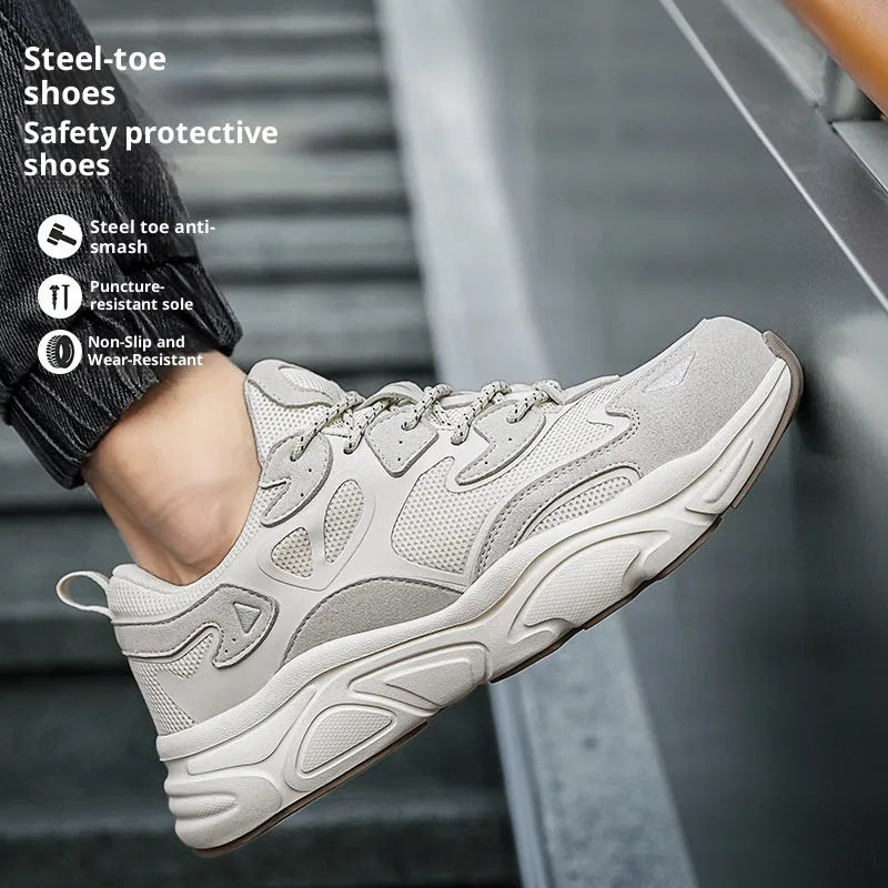 Steel head non-slip soft bottom breathable mesh shoes low top lace-up safety footwear in Black Illusion