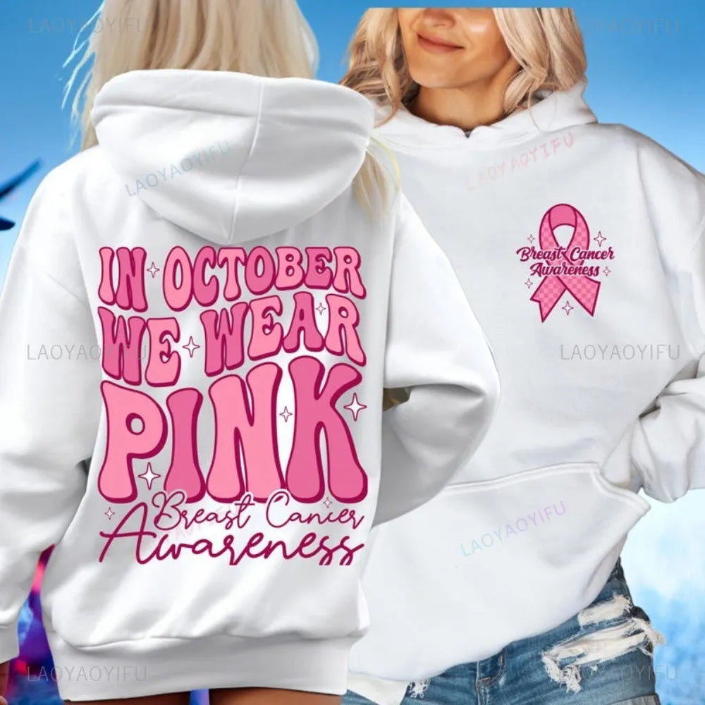 Breast Cancer Awareness pullover hoodie with retro art design and side pocket in pink colour