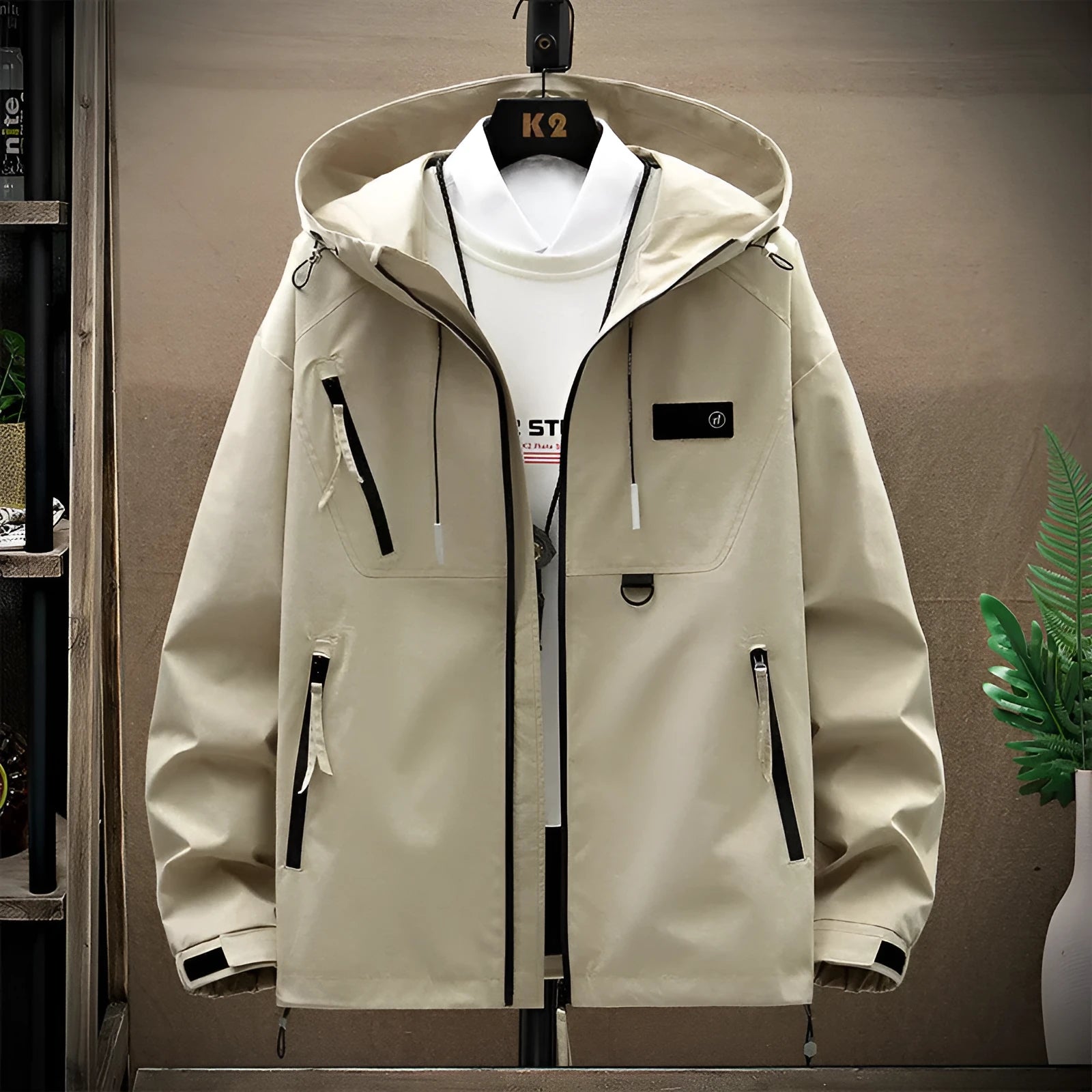 Men's waterproof windproof hood shell jacket in Army Green, loose fit, polyester outdoor coat