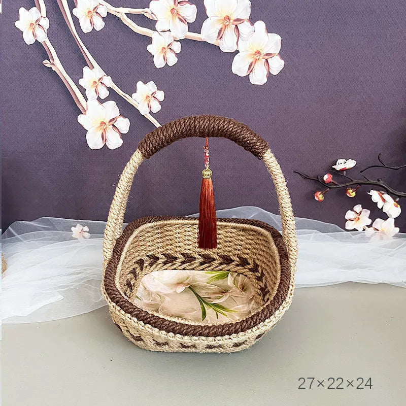 Coffee brown hand-woven straw basket with rustic texture, shown from a side angle.