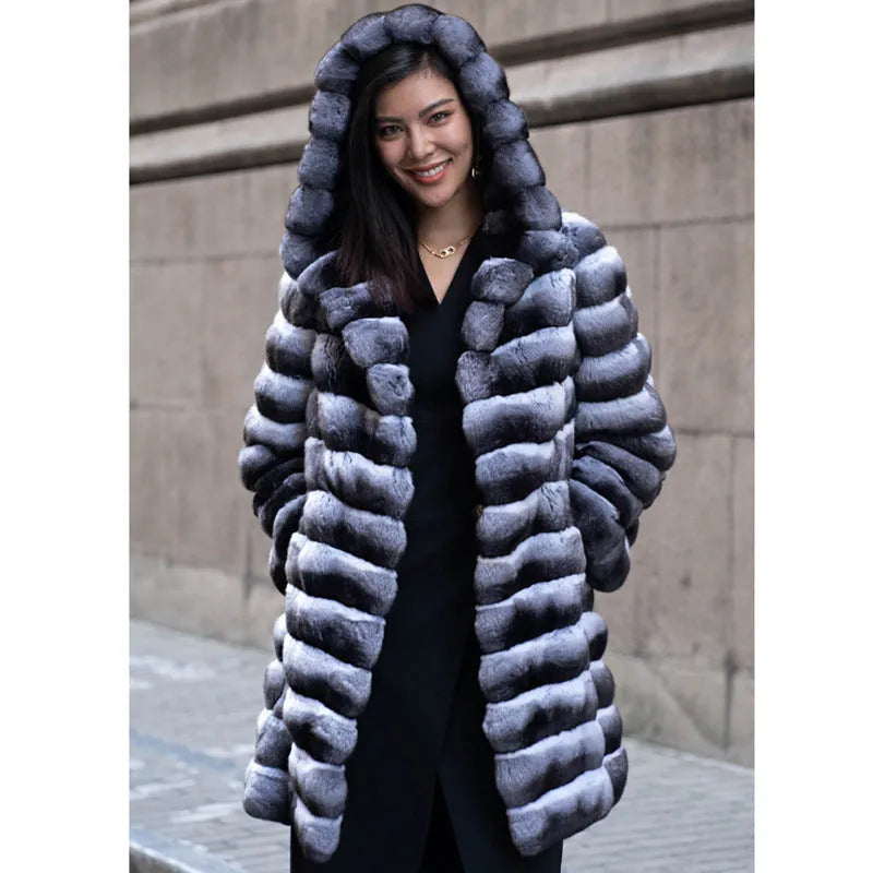 Women's zebra stripe artificial mink faux fur overcoat with regular sleeves and mid-length design