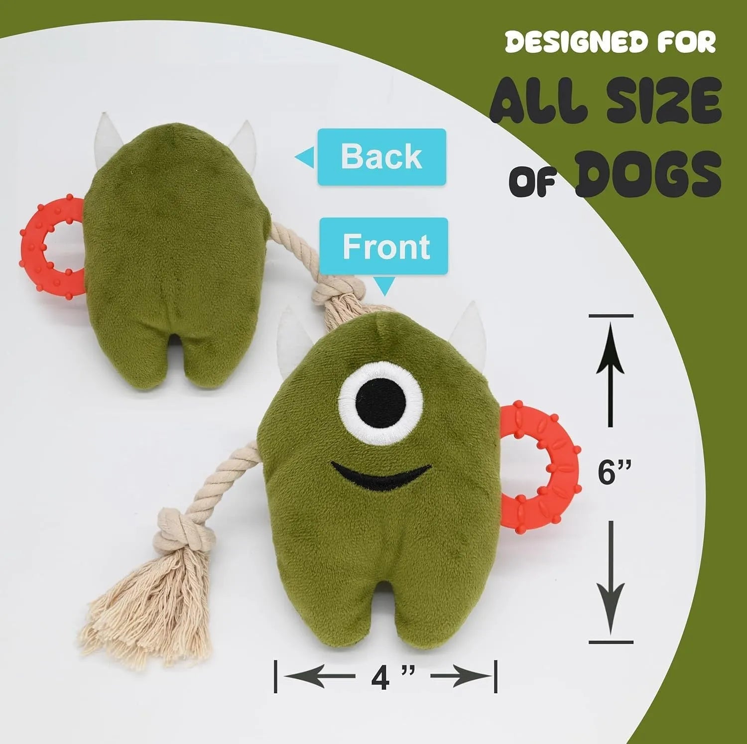 Blue and green plush dog toy with integrated cotton rope sections and a squeaker.