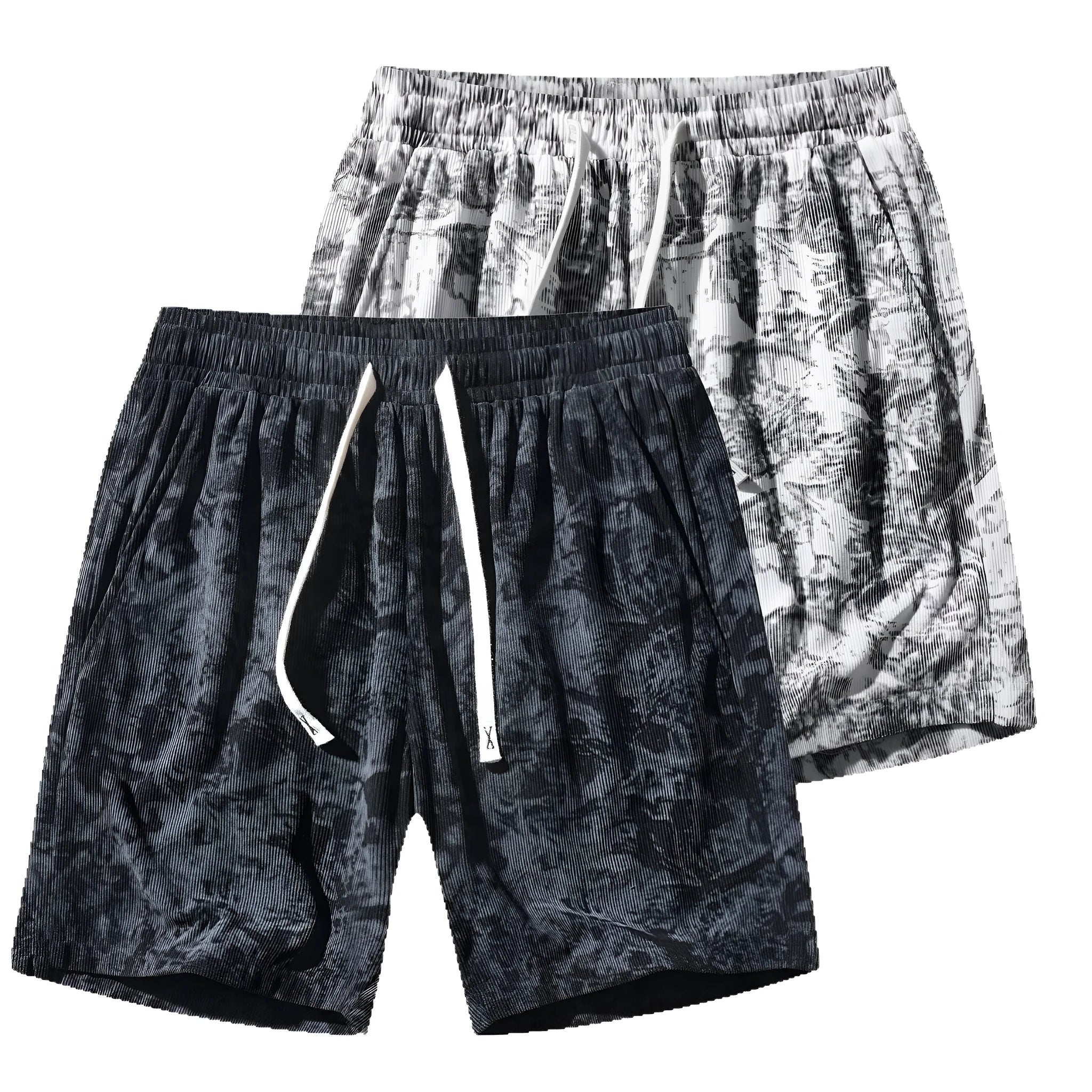 Men's corduroy camouflage athletic shorts with straight-leg cut and elastic waistband in black colour