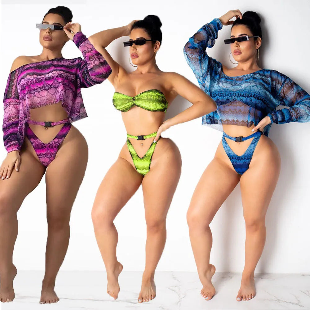 Women's snakeskin print three-piece bikini suit with long sleeve top and shorts in blue