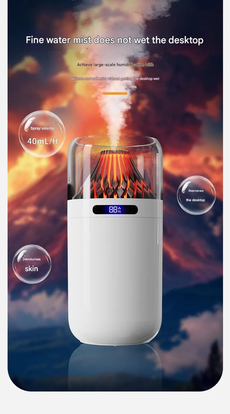 Volcano USB humidifier in black with digital display, compact battery-powered design for car and desk use.