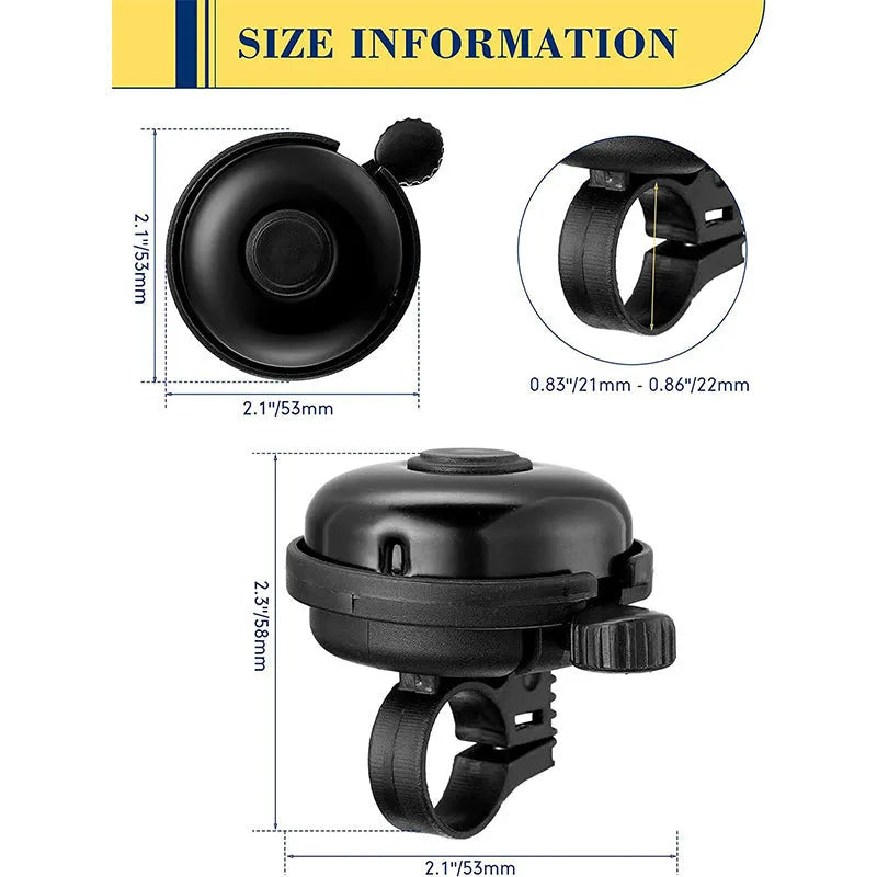 Black flat bicycle bell with 58mm diameter for mountain bike handlebar mounting