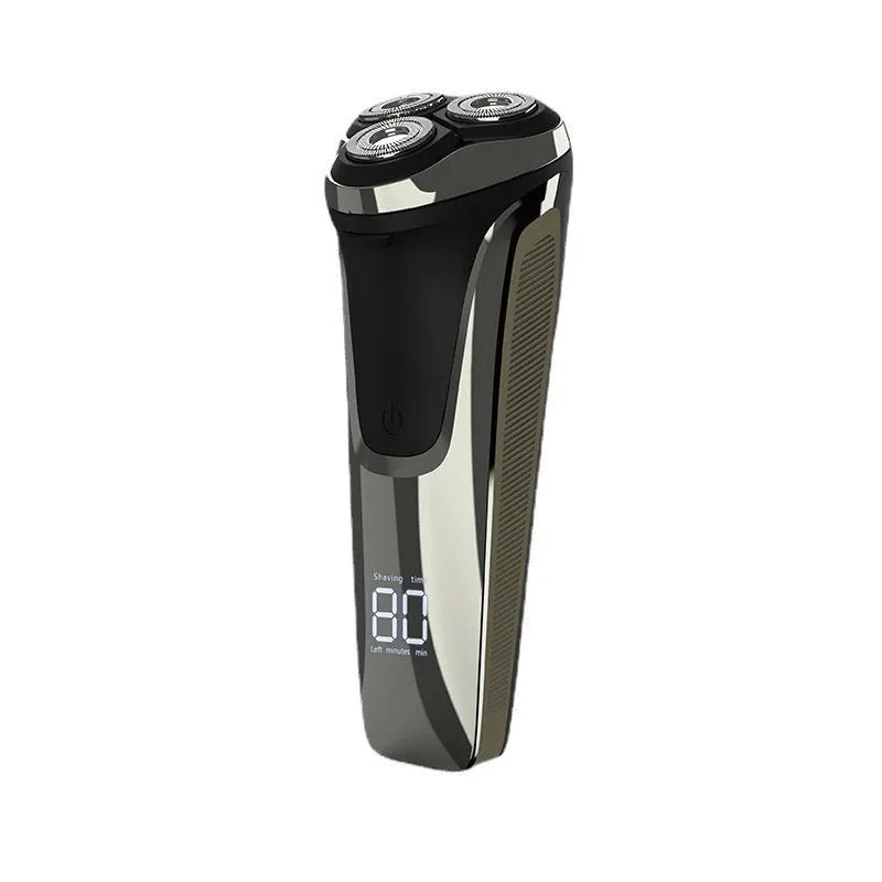 Floating 4D three cutter head rechargeable electric shaver with digital display in gun colour on white background