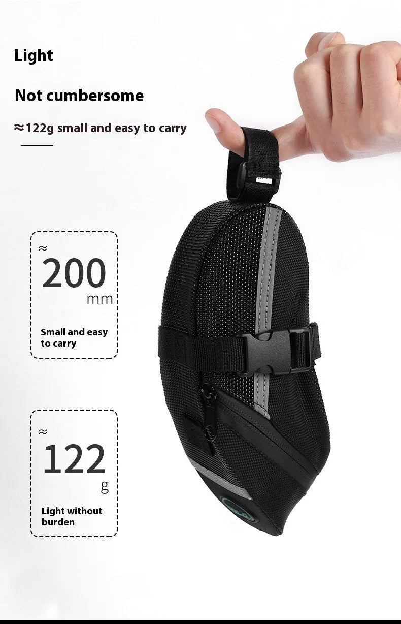 Black cycling tail bag with quick-release mounting for bicycle saddle