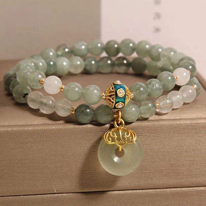 Women's aventurine double-layer jade bracelet with safety buckle in oil green with rhinestone accents