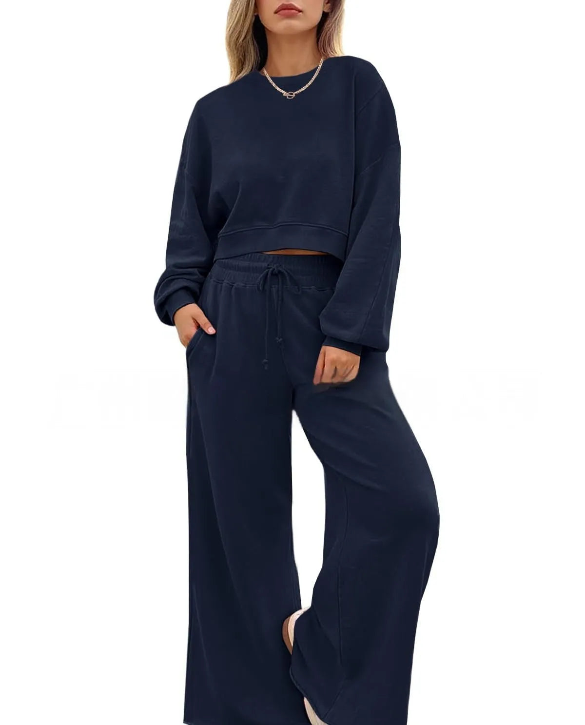 Women's street hipster style two-piece trouser set in solid colour with long sleeves
